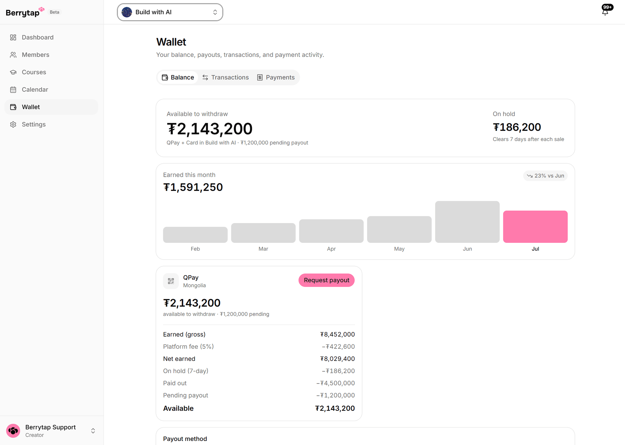 The Wallet Balance tab showing the available-to-withdraw total alongside the amount still on hold.